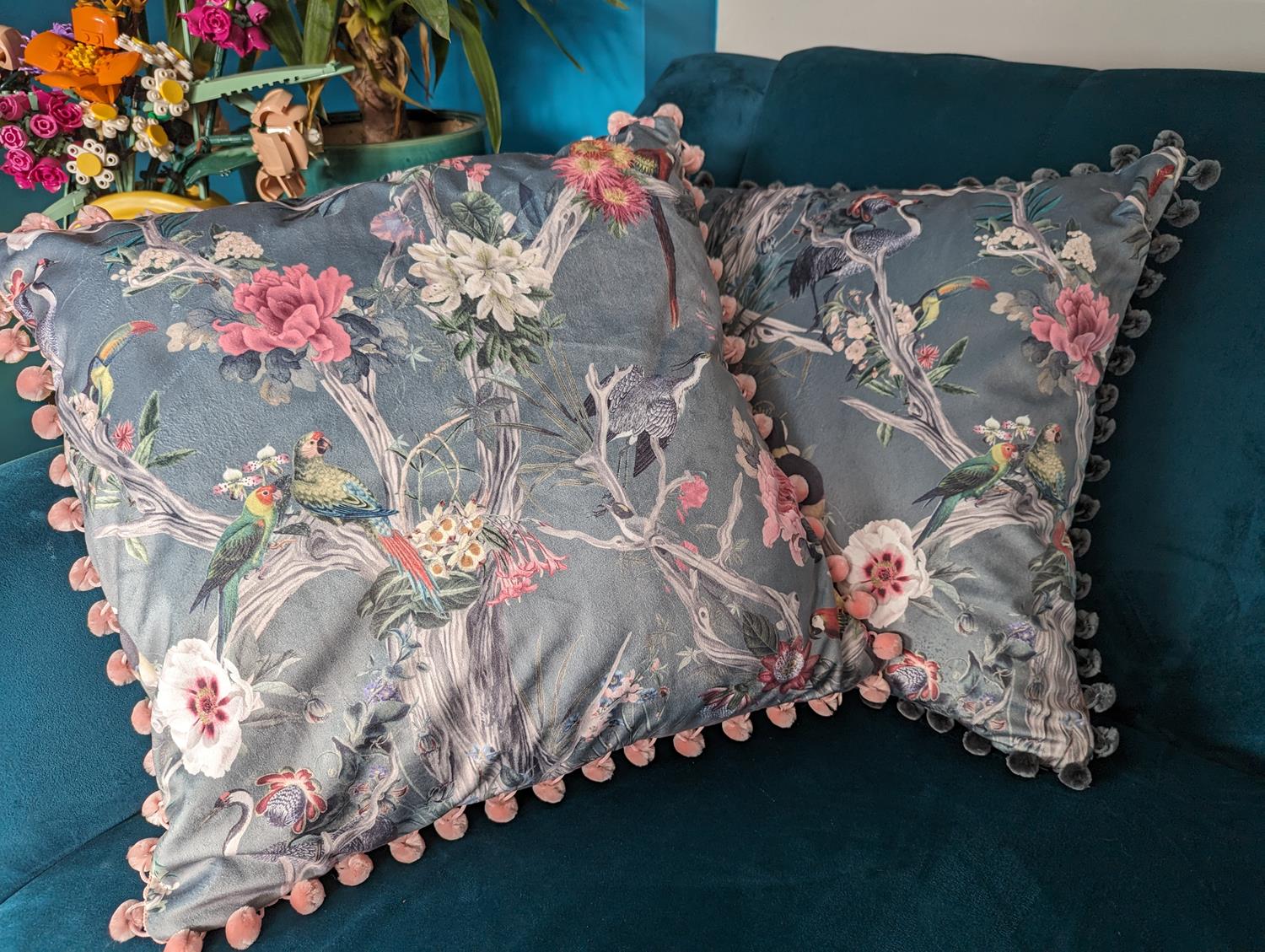 Chinois Cranes Floral on Silver Cushions