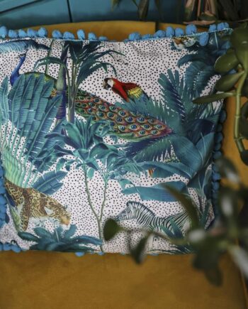 Midnight Jungle print on natural white with Pom Pom edging- Ready to Go!!!