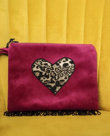 Fringed Clutch with Leopard Heart on Cerise Pink Velvet