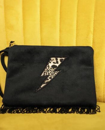 Luscious Velvet Clutch Bag With Leopard Lightning Bolt In Black Velvet