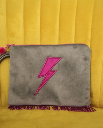 Luscious Velvet Clutch Bag With Pink Lightning Bolt In Silver Grey Velvet