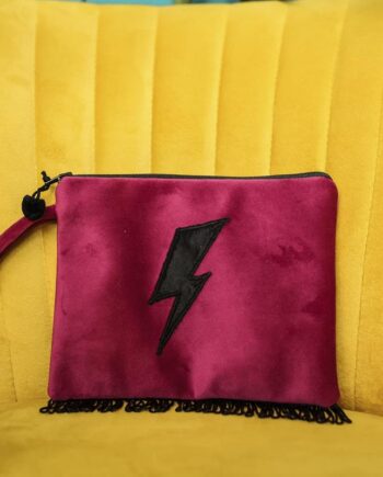 Luscious Velvet Clutch Bag With Black Lightning Bolt and fringed hem