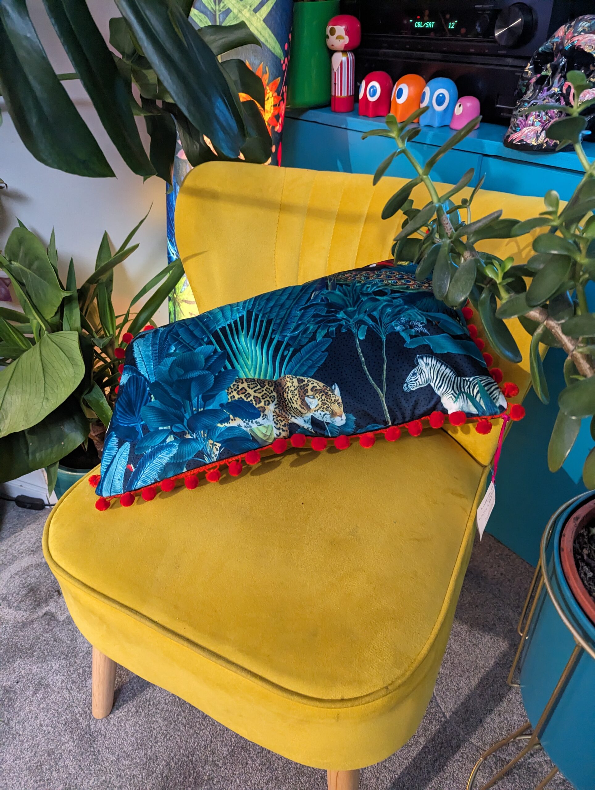 Midnight Jungle print on blue with Pom Pom edging- Ready to Go!!!