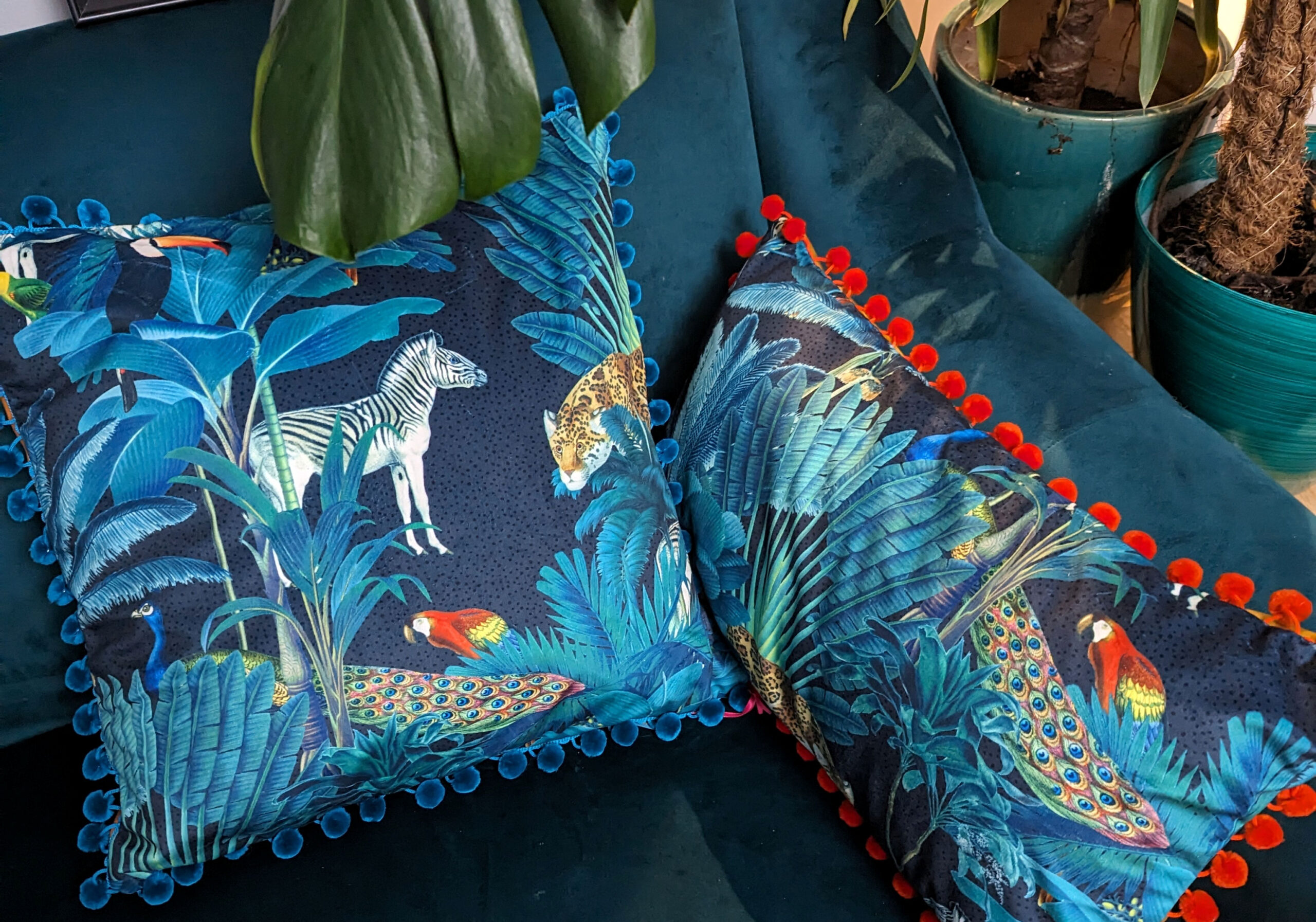Midnight Jungle print on blue with Pom Pom edging- Ready to Go!!!