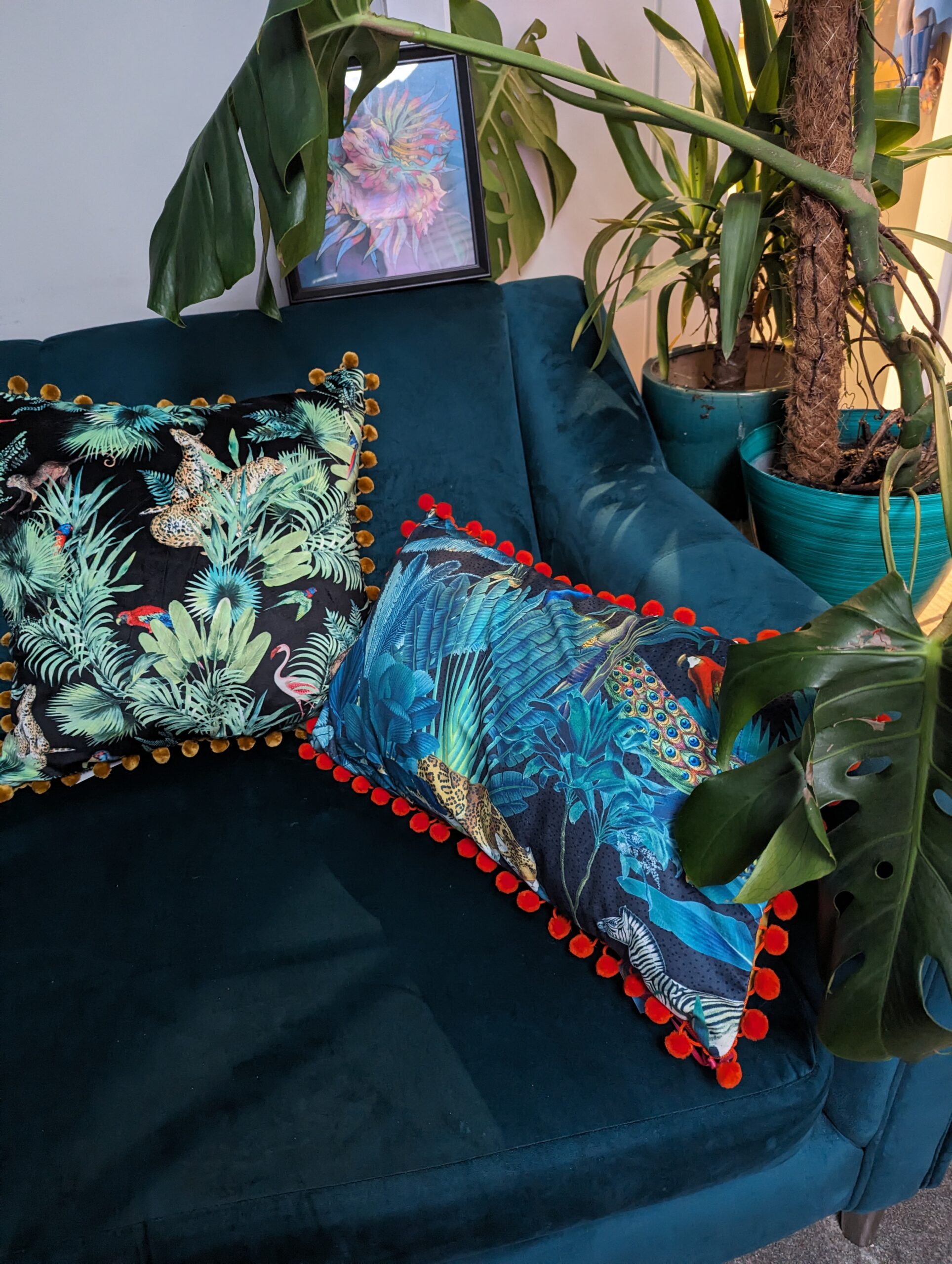 Midnight Jungle print on blue with Pom Pom edging- Ready to Go!!!