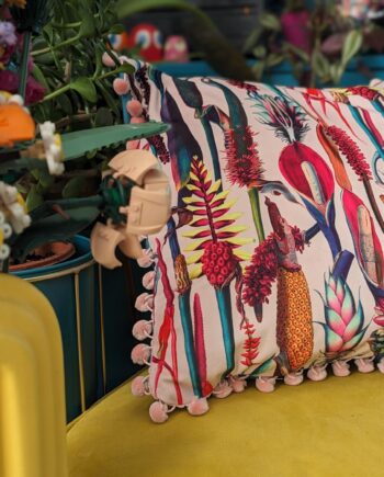 Tropical Botanical Baby Pink Velvet cushion with Pom Pom edging- Ready to Go!!!