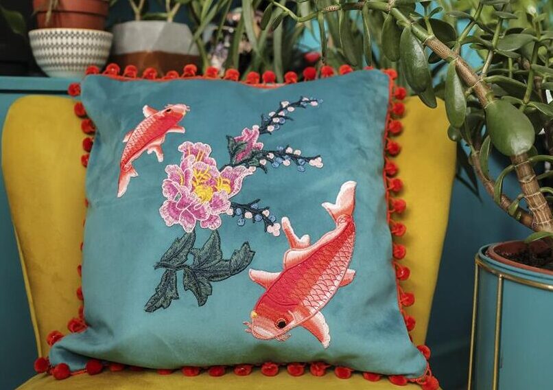 Koi Carp fish and Blossom Florals Velvet Cushion