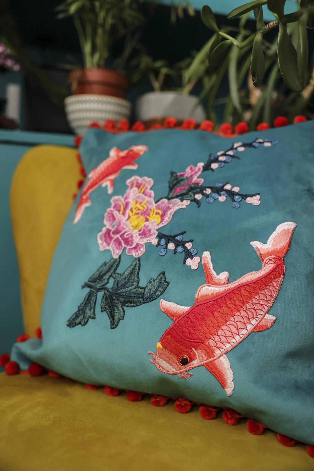 Koi Carp fish and Blossom Florals Velvet Cushion
