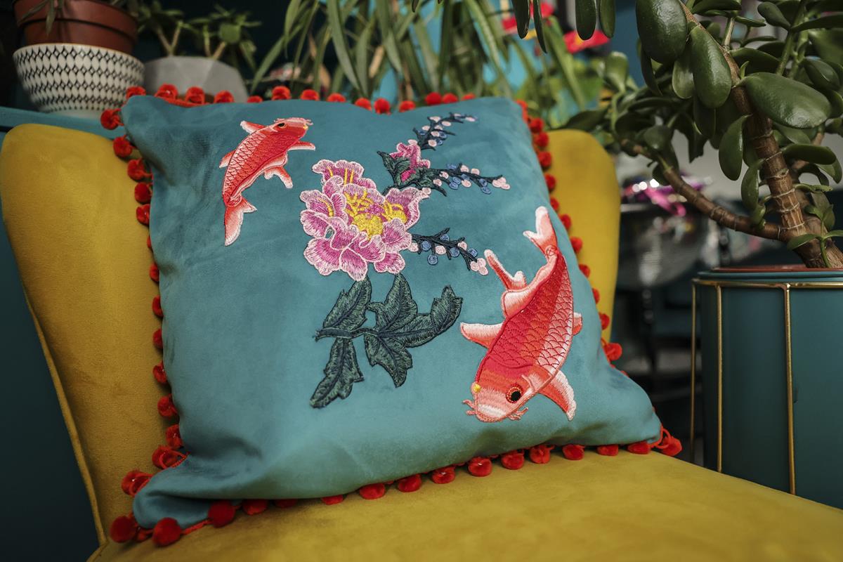 Koi Carp fish and Blossom Florals Velvet Cushion