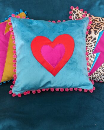 2 Hearts Cushions on Turqoise Luxury Velvet with Red Pom pom trim- Ready to Go