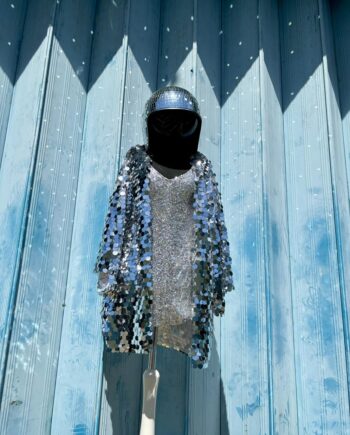 MIRROR BALL Kimono Jacket In shiny Silver circle sequins- Thigh length  Size Large