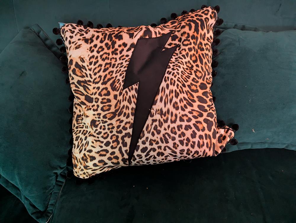 Rock Lightning Bolt on Cheetah leopard Velvet cushion with Black Trim - Ready to Go!!!