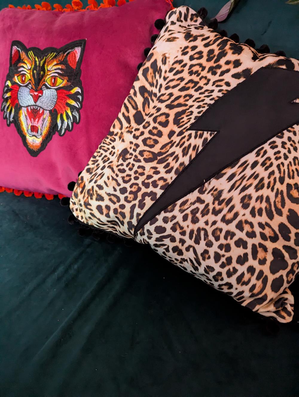 Rock Lightning Bolt on Cheetah leopard Velvet cushion with Black Trim - Ready to Go!!!