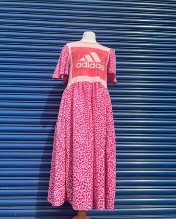Reworked pale peach,red and pink T-shirt dress, Slouchy Street style in a fun leopard print
