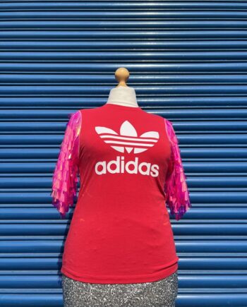 Reworked red adidas casual T shirt, with hot pink dagger sequin sleeves