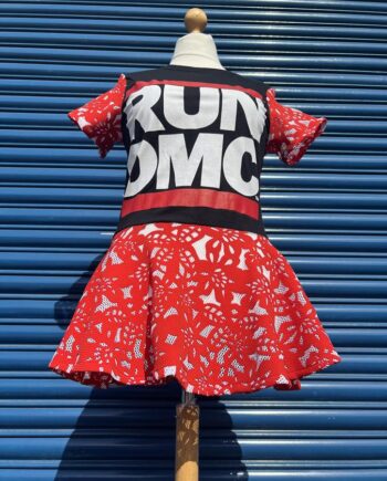 Reworked RUN DMC T-shirt dress, Hip Hop style, red laser cut skater skirt with red laser cut sleeves