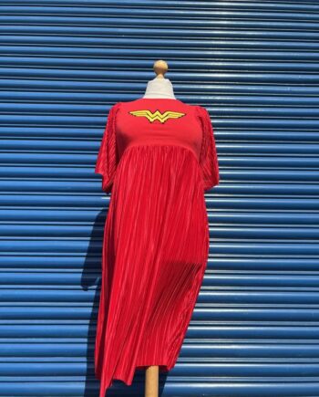 Reworked Wonder woman Bright Red Block colour casual T shirt dress, with plisse pleat wing skirt and sleeve