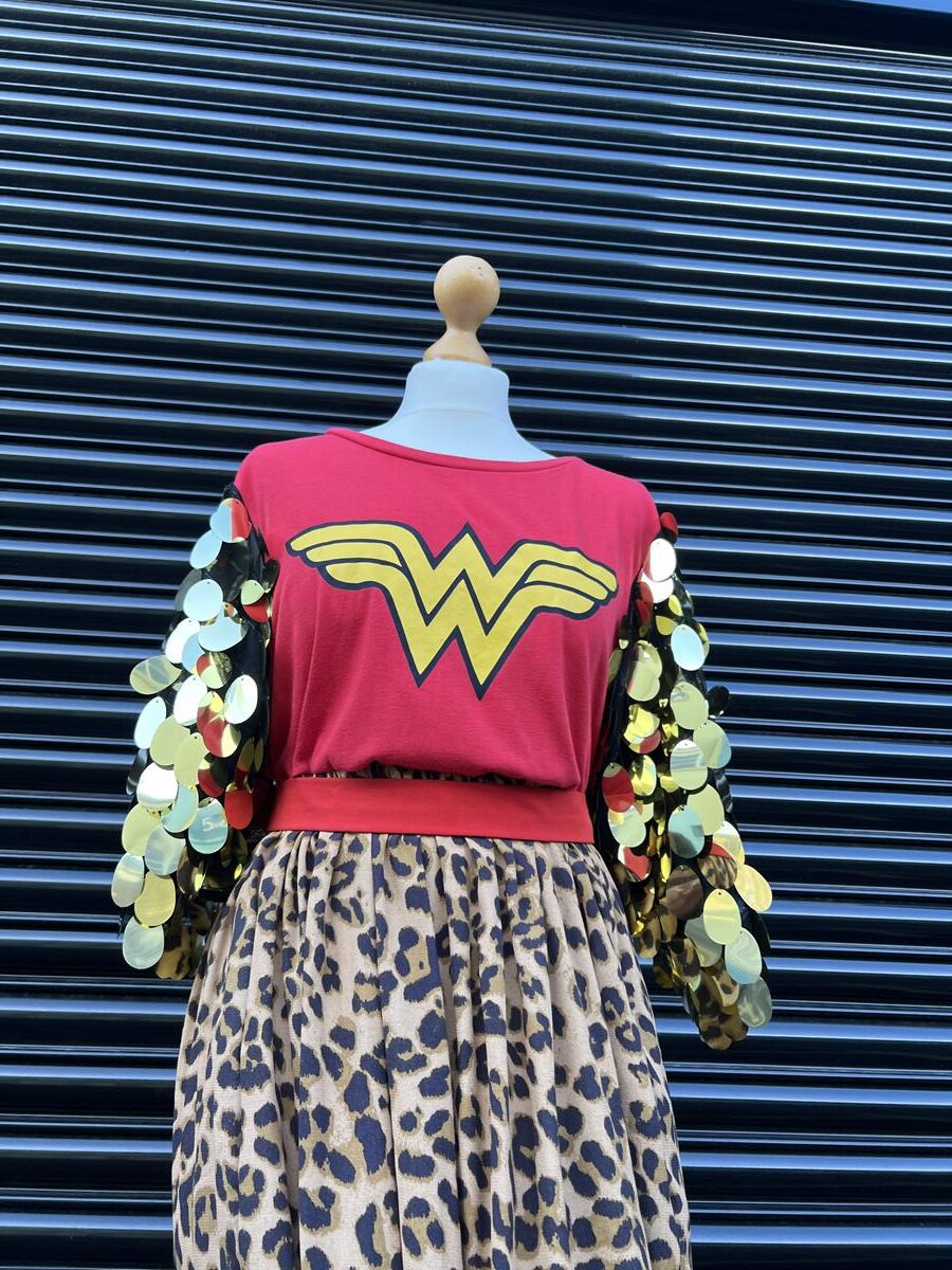 Reworked Wonder woman red and yellow t-shirt with leopard skirt and gold jumbo sequin sleeves