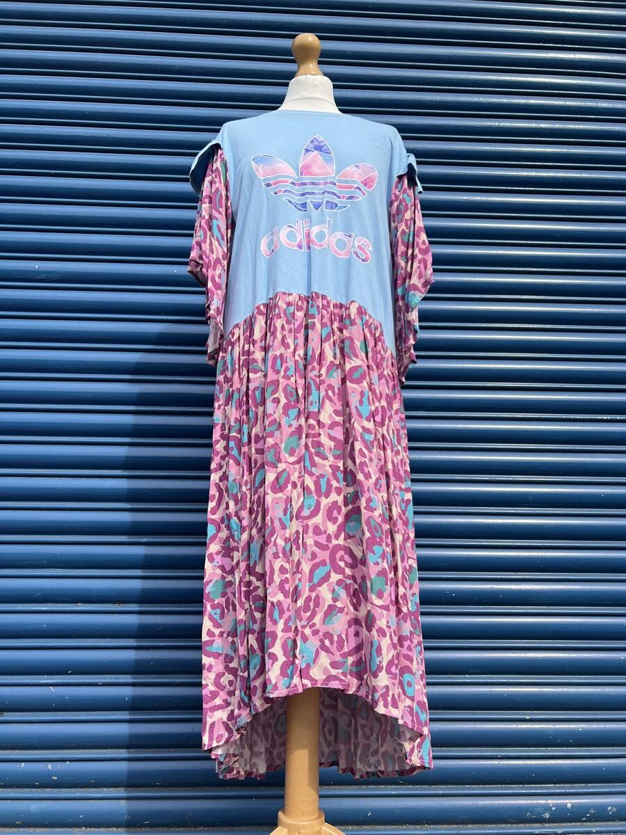 Reworked Sky blue adidas t-shirt with pink and blue leopard skirt & sleeves