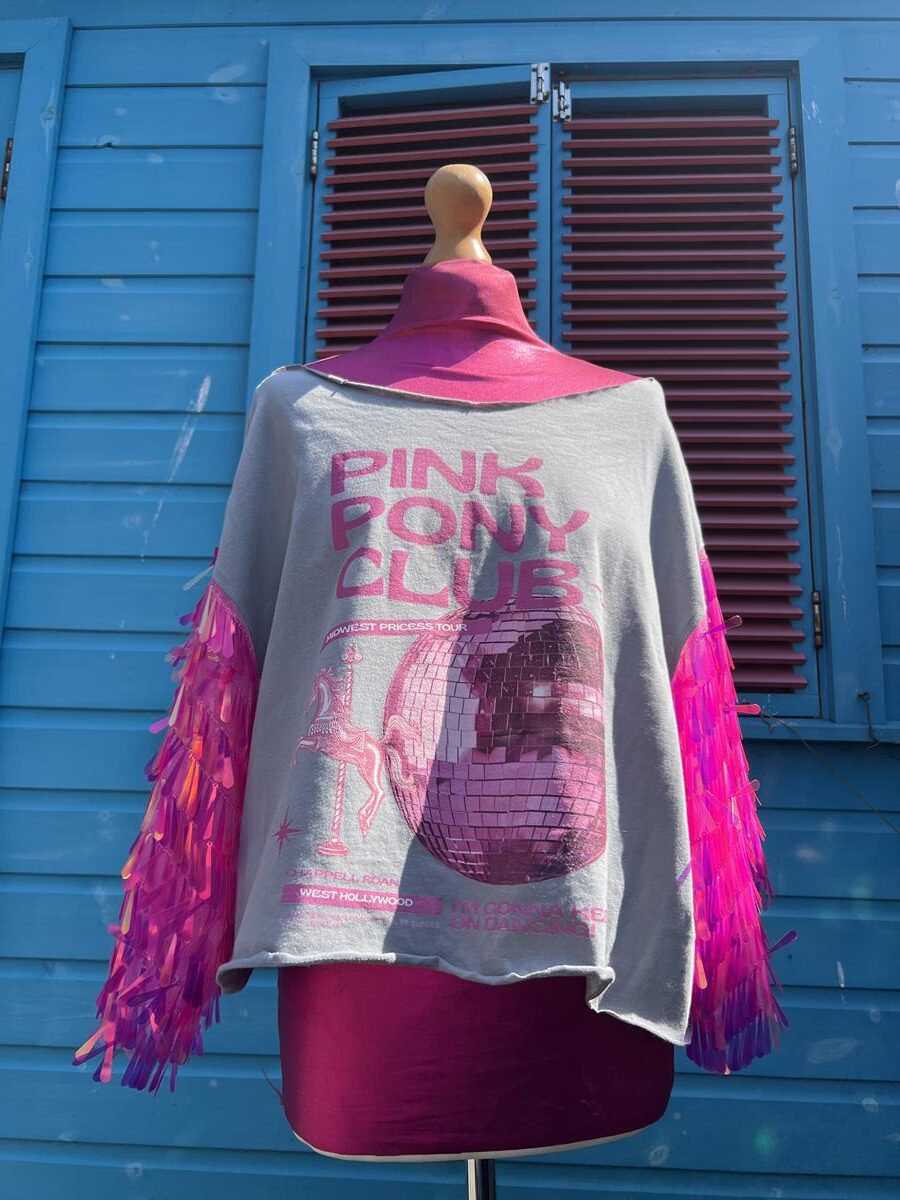 Reworked Grey and pink, pink pony club t-shirt with pink dagger sequin sleeves)