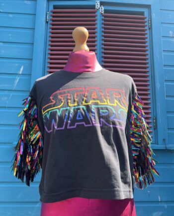 Reworked Grey and rainbow star wars t-shirt with rainbow dagger sequin sleeves