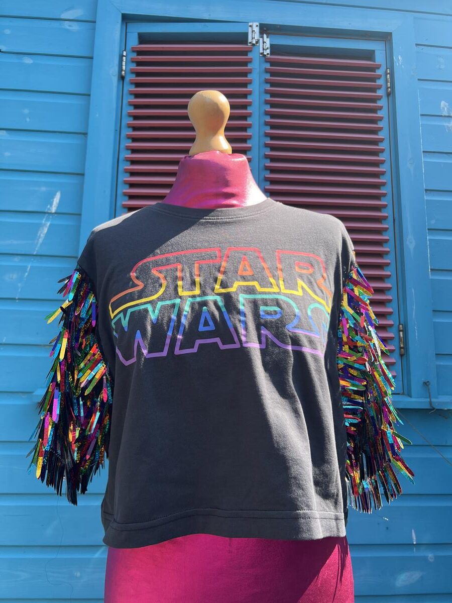 Reworked Grey and rainbow star wars t-shirt with rainbow dagger sequin sleeves