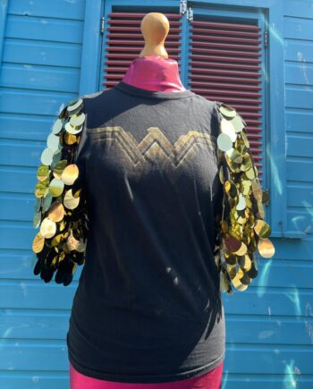 Reworked Black and gold wonder woman t-shirt with gold sequin sleeves