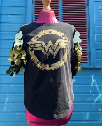 Reworked Gold wonder woman circle logo t-shirt with gold sequin sleeves