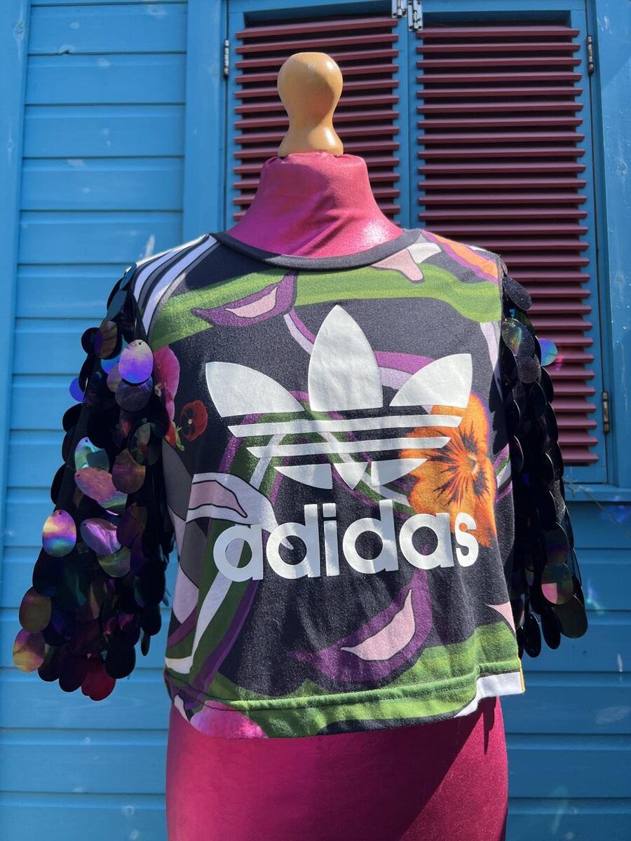 Reworked Multi colour adidas logo t-shirt with sequin sleeves