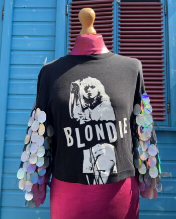 Reworked Blondie black t-shirt with silver sequin sleeves