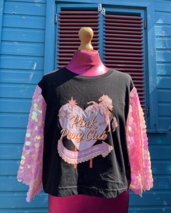 Reworked Pink pony club t-shirt with pink circle sequin sleeves