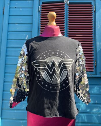 Reworked Black and silver wonder woman t-shirt with silver circle sequin sleeves