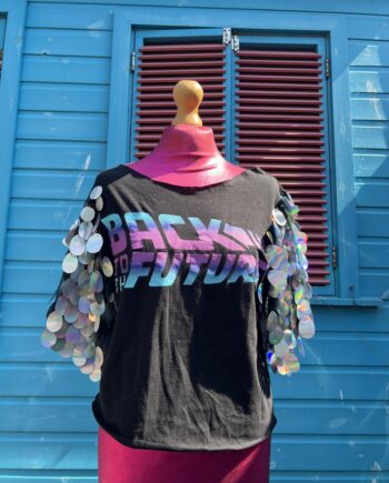 Reworked Back to the future t-shirt with sequin sleeves