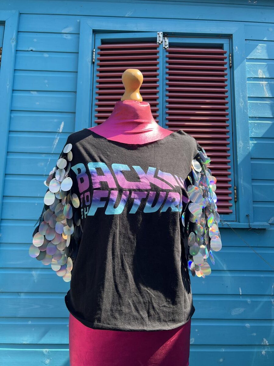 Reworked Back to the future t-shirt with sequin sleeves