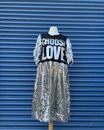 Reworked Black and silver ‘choose love’ t-shirt with silver sequin sleeves and skirt
