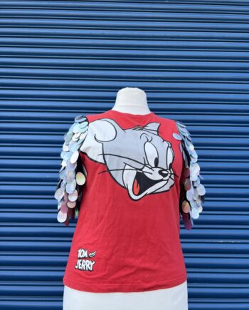 Reworked Tom and Jerry red t-shirt with silver sequin sleeves