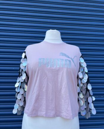Reworked Baby pink and silver puma t-shirt with silver sequin sleeves