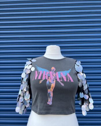Reworked Grey nirvana t-shirt with silver sequin sleeves
