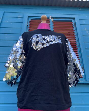 Reworked Silver sequin Bowie t-shirt with silver sequin sleeves