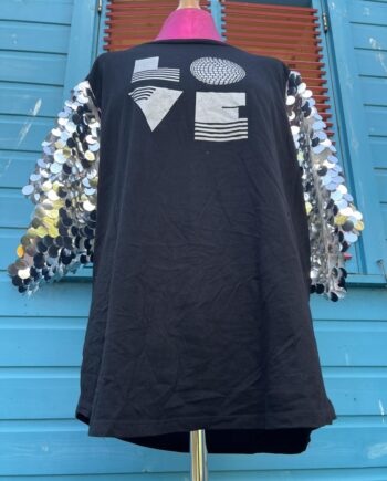 Reworked Black and silver LOVE disco t-shirt with silver sequin sleeves