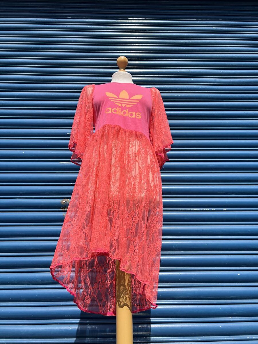 Reworked Pink and orange Adidas logo t-shirt with pinik lace sleeves and skirt