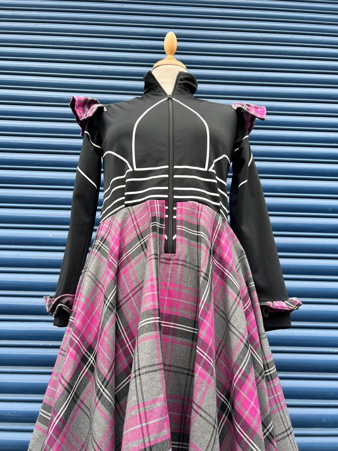 Reworked Sports Adidas Black tracksuit top into Pink asymmetric tartan punk dress