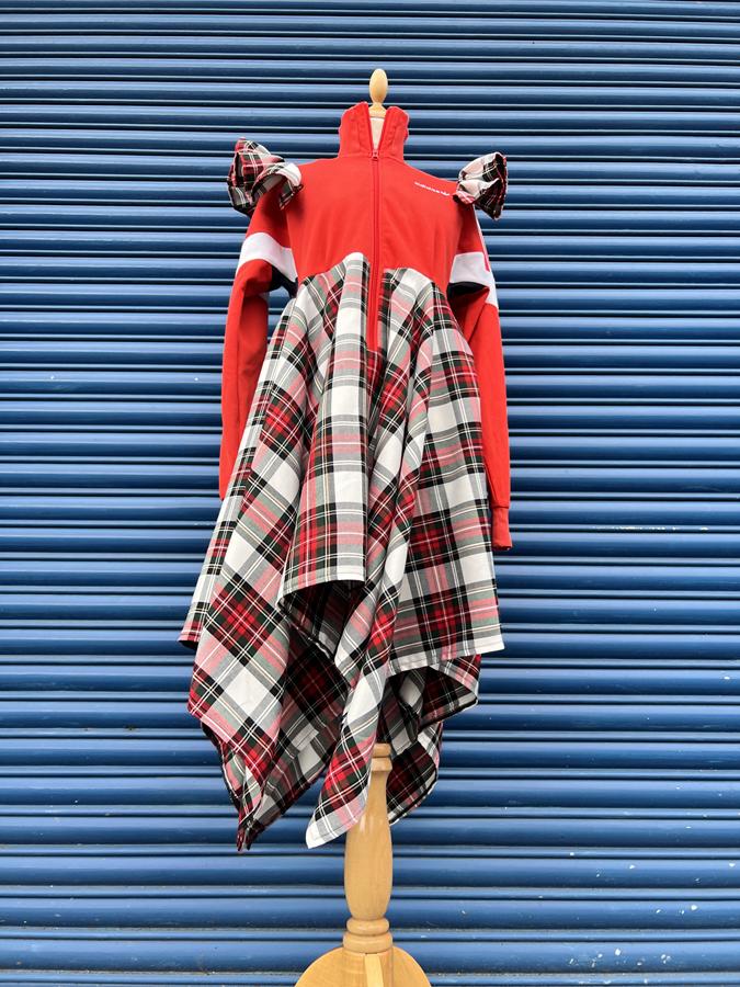 Reworked Sports Adidas red tracksuit top into asymmetric tartan punk dress
