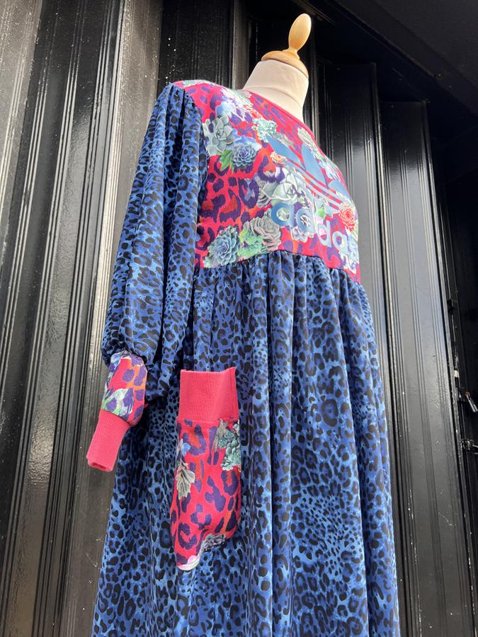Reworked Bright tropical jumper with adidas logo and blue  leopard sleeves and skirt (Copy)